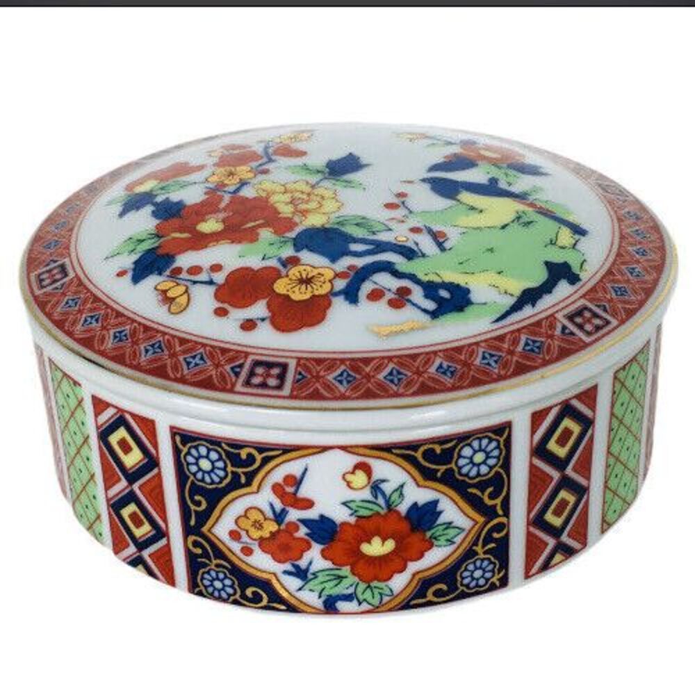 Vintage Sakura Miyako Imari Ware Floral Geometric Porcelain Trinket Dish Japan